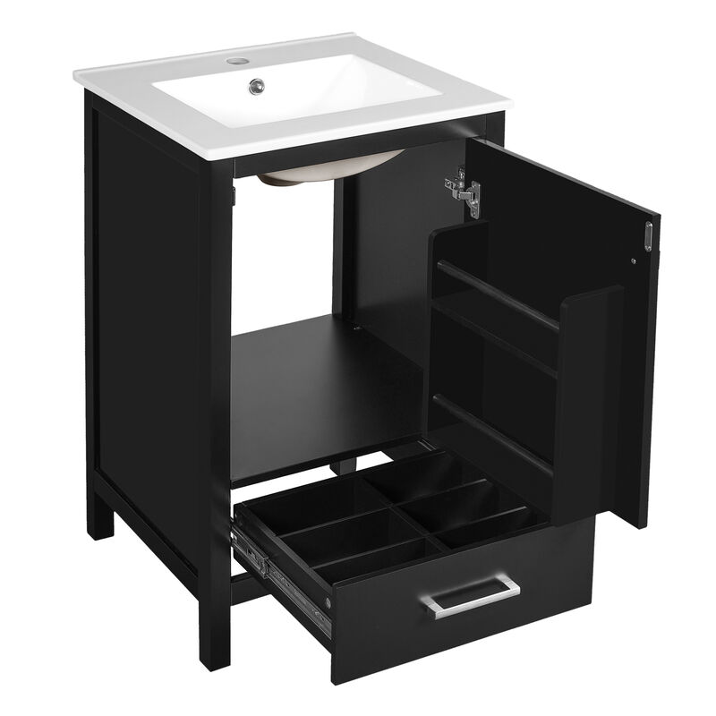 Whisen 20-Inch Modern Bathroom Vanity with Ceramic Sink, Soft-Close Drawers and Door Organizer, Divider Drawer, and Adjustable Plastic Foot Pads