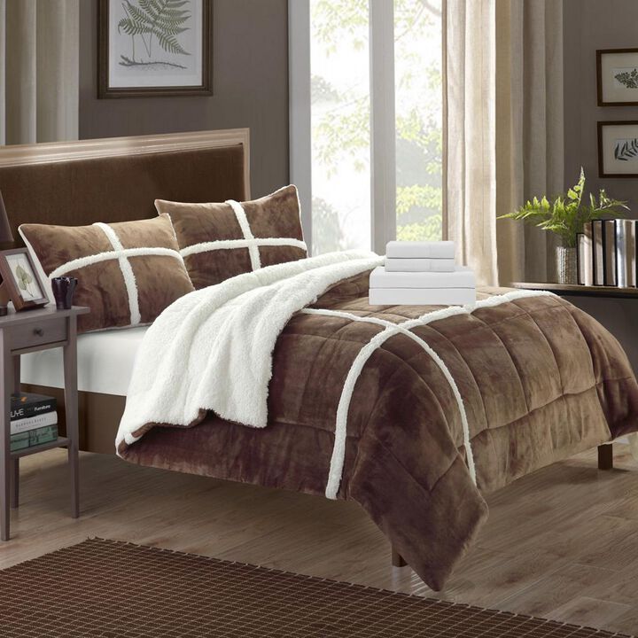 Chic Home Chloe Plush Microsuede Soft & Cozy Sherpa Lined 7 Pieces Comforter Bed In A Bag Set - King 104x90, Brown