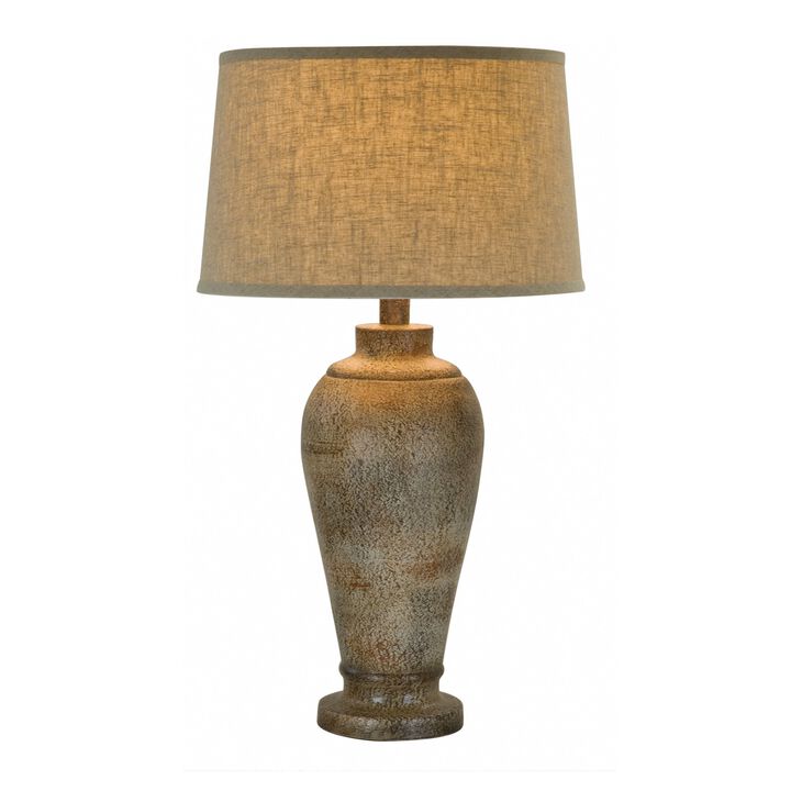 33 Inch Hydrocal Table Lamp, Brown Drum Shade, Textured Urn Shaped Base - Benzara