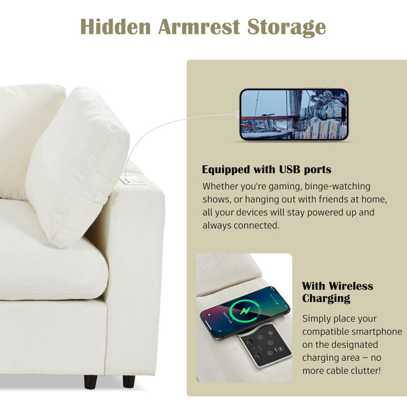 Merax  Upholstered Modular Sofa with Storage Space, USB Charge Ports, Wireless Charging and Built-in Bluetooth Speaker in Arm image number 4