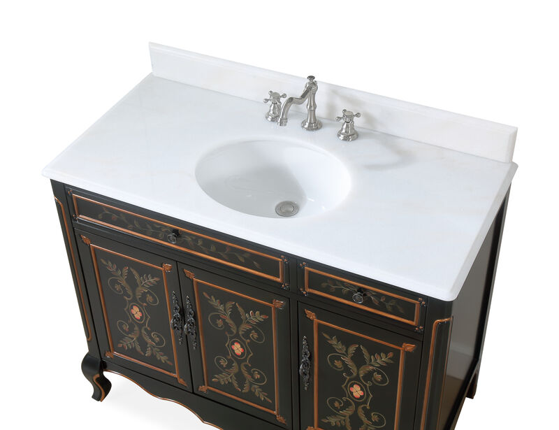 42 inch Black Hand-Painted Floral Decoroso Side Cabinet Bathroom Vanity image number 3