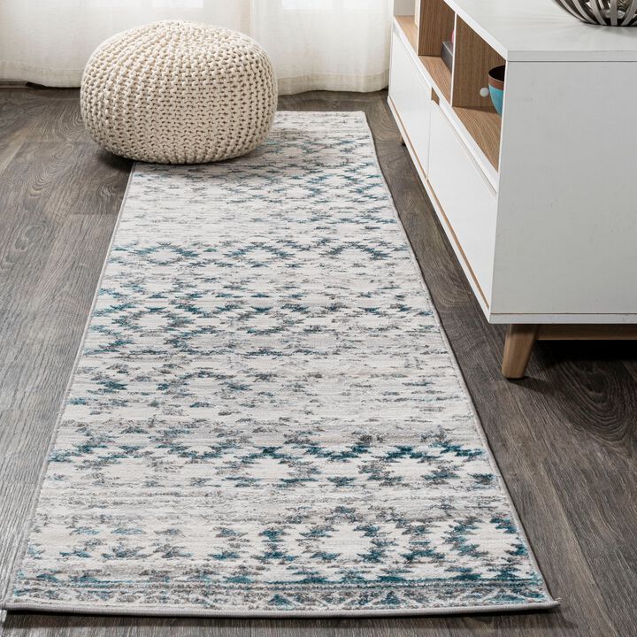 Ancient Faded Trellis Gray/Turquoise 2 ft. x 8 ft. Runner Rug