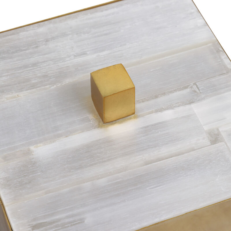 6" Square Selenite Top Box, White/gold image number 4