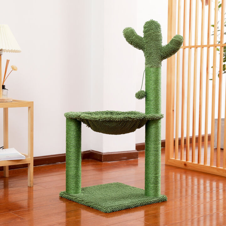 Cactus Cat Tree Cat Scratching Post with Hammock Play Tower, Full Wrapped Sisal Scratching Post for Cats 93.5cm Green