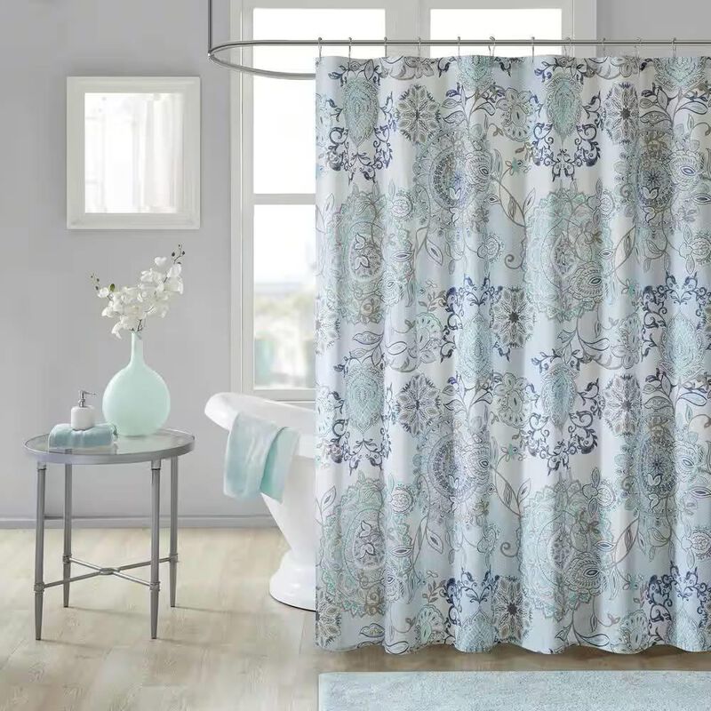 Hivvago 72-inch Cotton Shower Curtain with Blue Watercolor Paisley Floral Motif