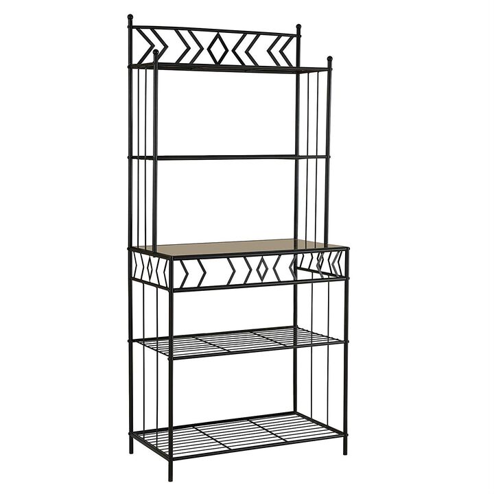 QuikFurn Kitchen Bakers Rack in Black Metal with Marble Finish Top
