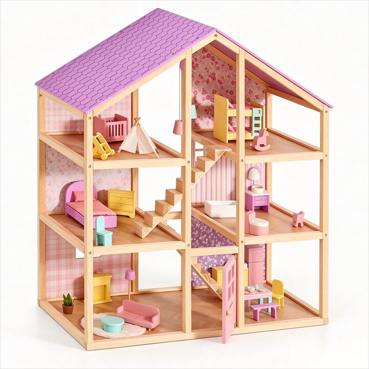 Wooden Dollhouse - 6 Rooms Wooden Doll House, DIY Pretend Doll House with 31Pcs Furniture Accessories, Creative Gift for Girl