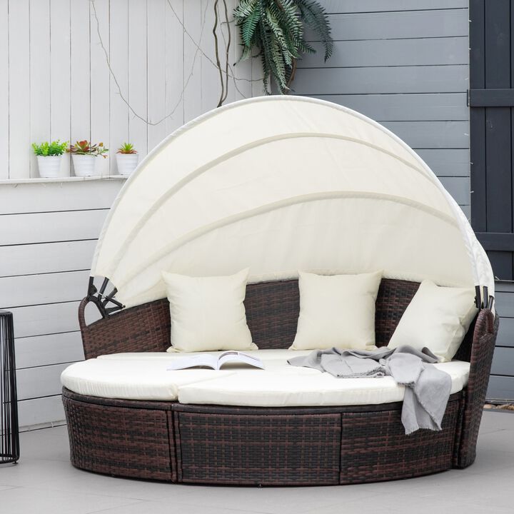 Rattan Patio Furniture Set 4-Piece Round Convertible Daybed Sunbed Adjustable Sun Canopy Sectional Sofa 2 Chairs Table 3 Pillows Cream White