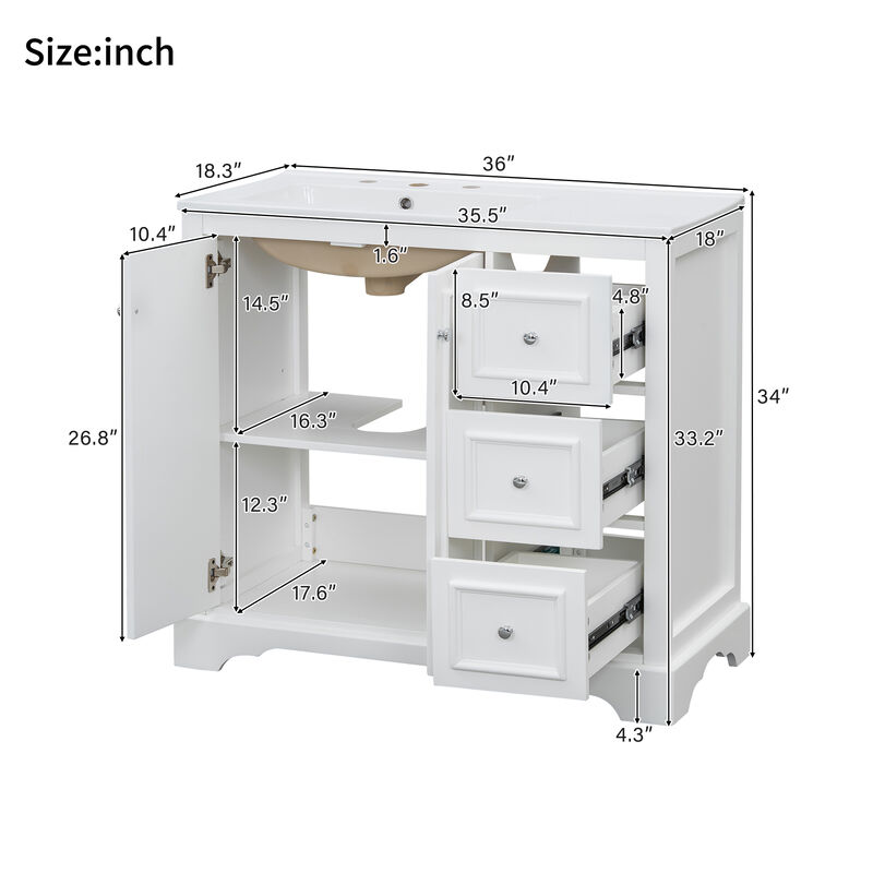 TATEUS 36-Inch Transitional Bathroom Vanity Ceramic Sink image number 8