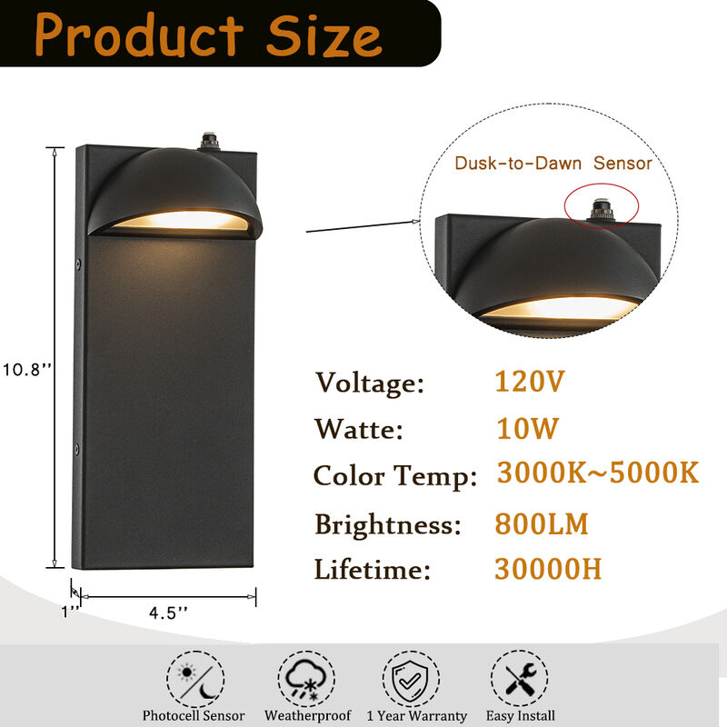 1-Light H11 in. Modern Outdoor Integrated LED Wall Light with Dusk-to-Dawn Sensor Minimalist Lines Black Exterior Sconce image number 4