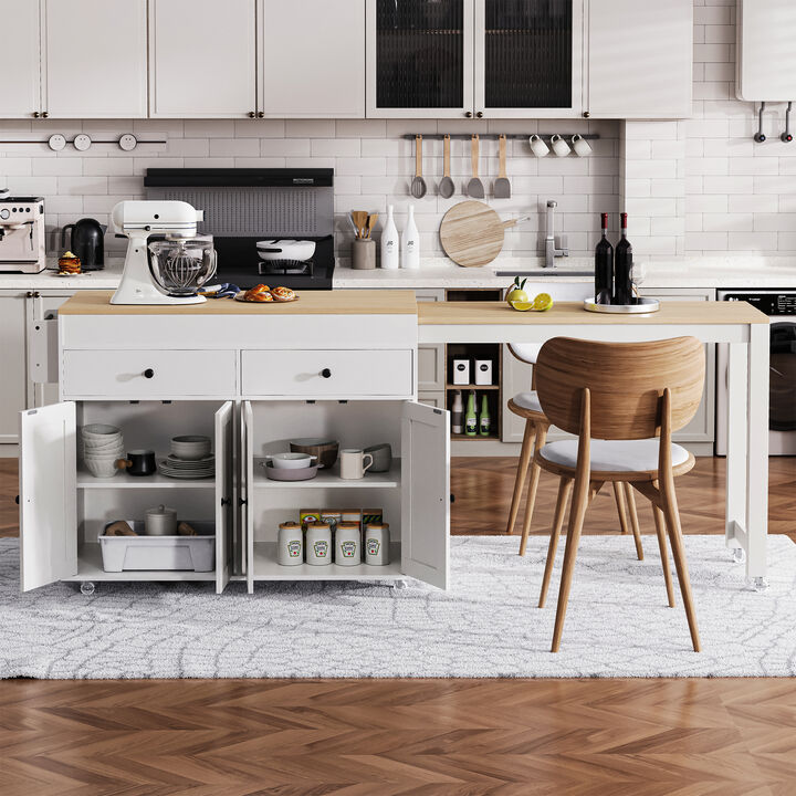 Whisen 74.5" Kitchen Island with Extendable Table, 2 Drawers & Wheels, Particle Board & MDF for Kitchen & Dining Room