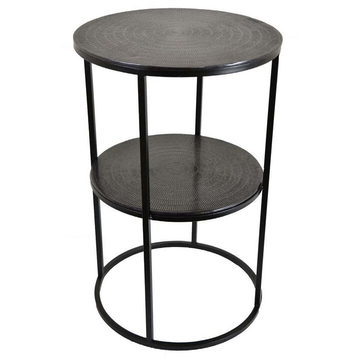 Solly 24 Inch Plant Stand Table with 1 Shelf, Round, Metal, Black Finish - Benzara