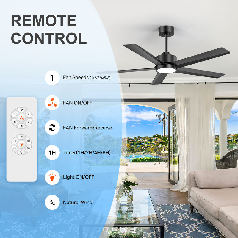 Breezary 52" LED Ceiling Fan with Light, 5 Blade, 6 Speed, Reversible, Quiet Downrod Mount, Remote Control image number 3