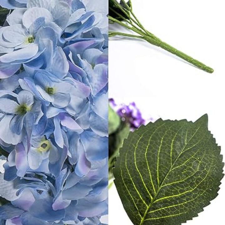 Designer Blue Hydrangea Silk Flowers, UV Resistant Indoor & Outdoor Bush, Seven Large Hydrangeas Heads, Wedding, Centerpiece, Home, Event Dècor, Adjustable Stem (Two Pieces)