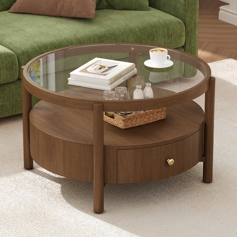 Whisen 29.5" Round Glass Top Coffee Table, Solid Wood 2-Tier Coffee Table with Drawer, Mid-Century Modern Center Table for Living Room image number 4
