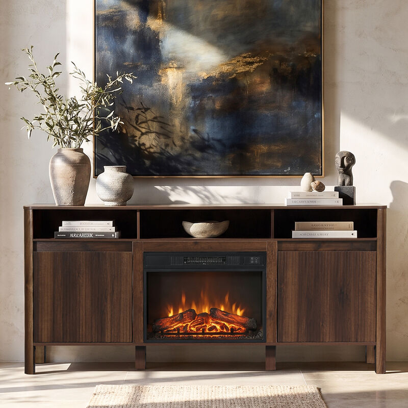 68" Modern Farmhouse Dark Walnut Fluted Door TV Stand Media Console with  23 Inch Insert Electric Fireplace for TVs up to 75" image number 3