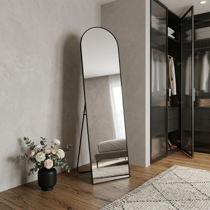HomeRoots 66" Black Aluminum Arch Freestanding And Wall Mounted Framed Full Length Mirror