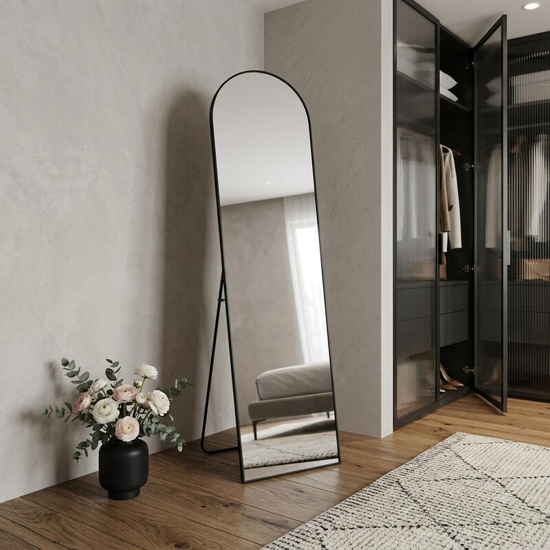 HomeRoots 66" Black Aluminum Arch Freestanding And Wall Mounted Framed Full Length Mirror image number 1
