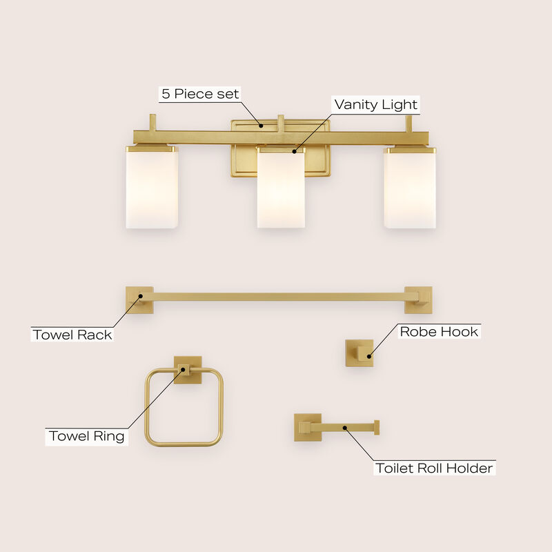 Caia 22.38" 3-Light Modern Contemporary Vanity Light with Frosted Glass Shades and Bathroom Hardware Accessory 5-Piece Set