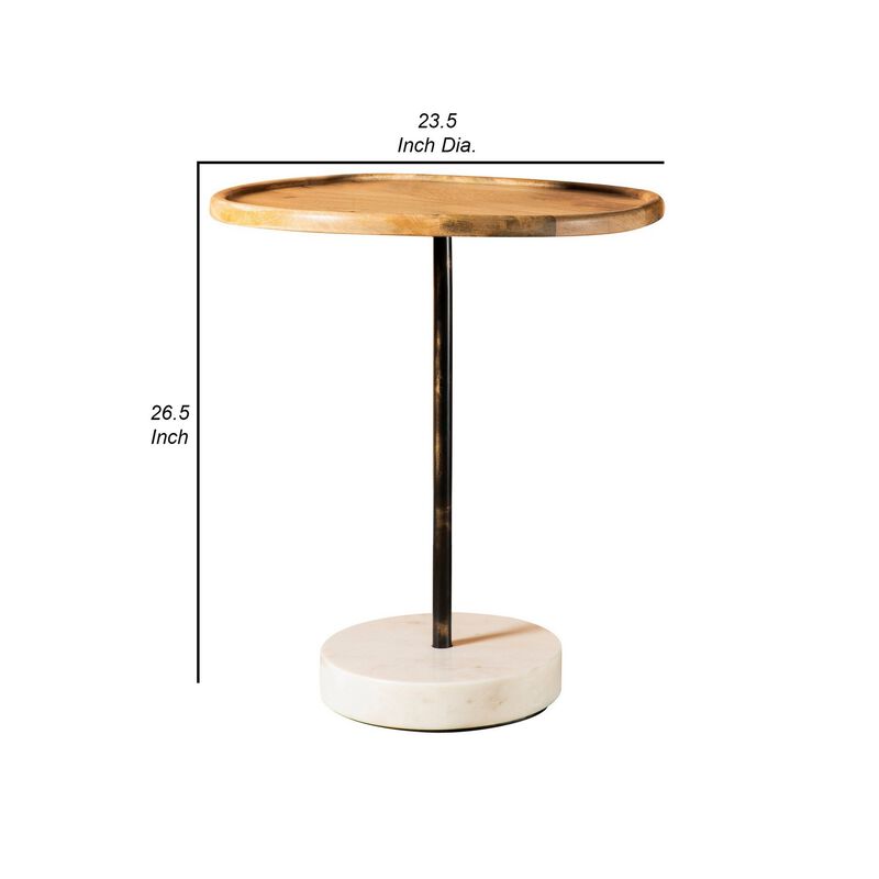 27 Inch Modern Accent End Table, Round Marble Base, Wood, White and Brown-Benzara image number 5