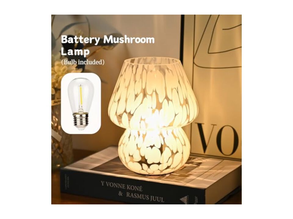 Cordless LED Battery Operated Glass Mushroom Lamp For Living Room Bedroom White