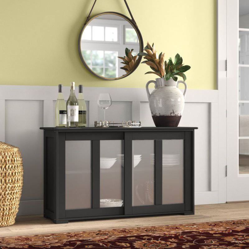 QuikFurn Black Sideboard Buffet Dining Storage Cabinet with 2 Glass Sliding Doors