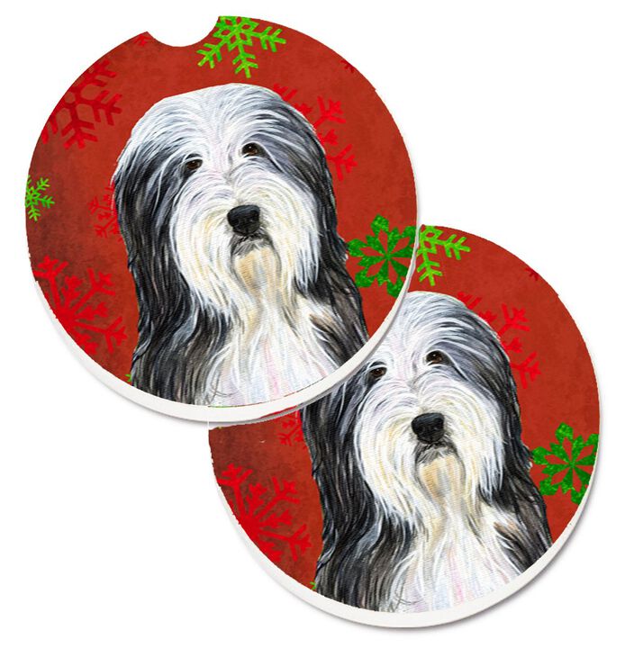 Caroline's Treasures Bearded Collie Red & green Snowflakes Holiday Christmas Set of 2 Cup Holder Car Coasters SS4704CARC, 2.56, Multicolor