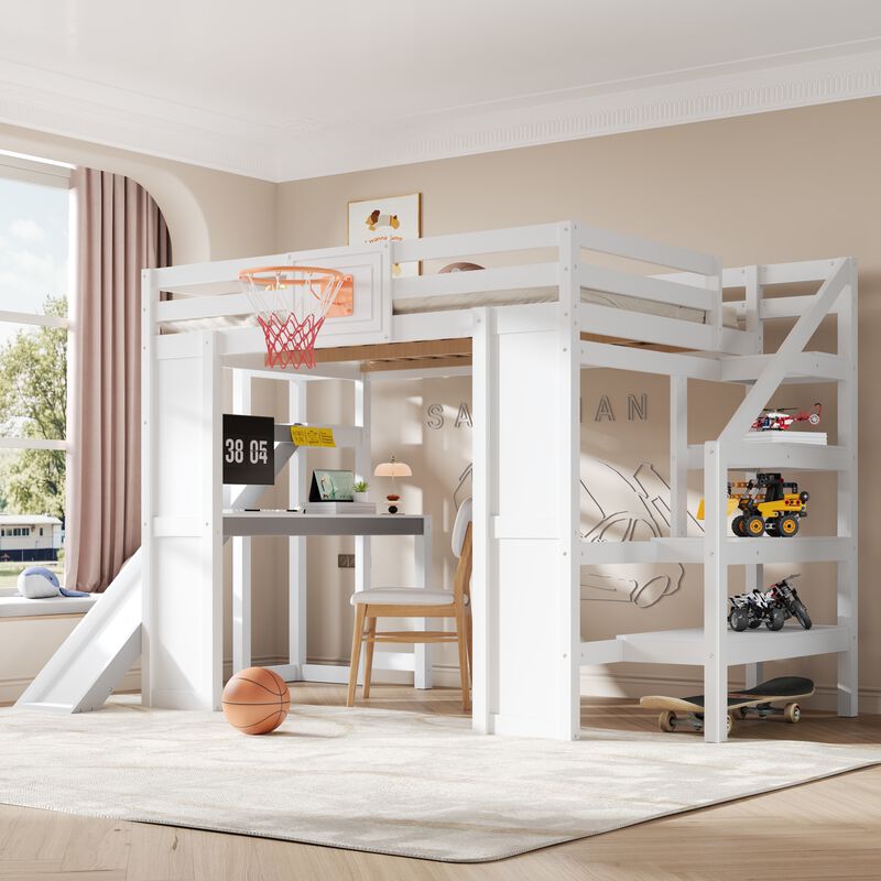 Merax Full Size White Wooden Loft Bed with Staircase Desk, Slide & Basketball image number 3