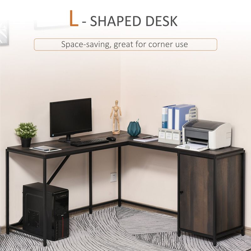 L-Shaped Computer Corner Desk with Storage Cabinet, Adjustable Shelf, Large Tabletop and Black Steel Frame, Brown