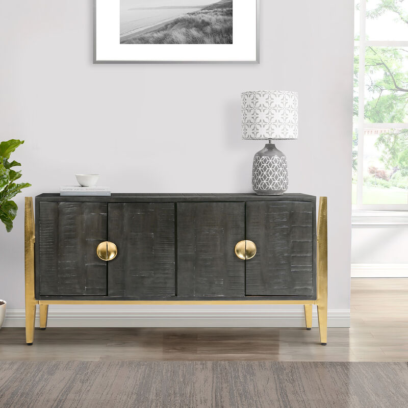 Tali 48 Inch Accent Sideboard Buffet Cabinet, 2 Doors with Gold Round Handles, Saw Marked, Charcoal Gray Acacia Wood-Benzara image number 2