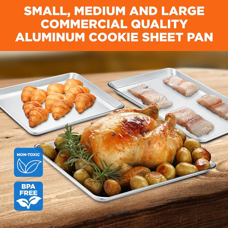 Baking Pan Set - Small, Medium, and Large Aluminum Cookie Sheet Pan (9x13, 10.5x15, 13x18), PFOA, PFOS, PTFE Free, Recipe Booklet Included, Oven Safe, Resist Heat Up To 500&deg;F, Set of 3