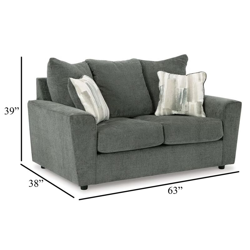 Ratty Loveseat, 63 Inch Gray Polyester, Welt Trims, 2 Throw Pillows