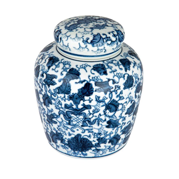 Small Decorative Ceramic Ginger Jar with Lid, Blue and White Floral Pattern