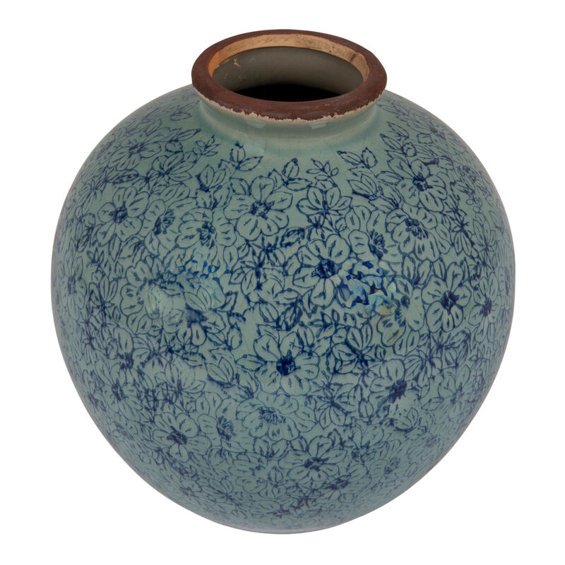 Round Decorative Terra-cotta Vase with Transferware Pattern, Blue image number 0