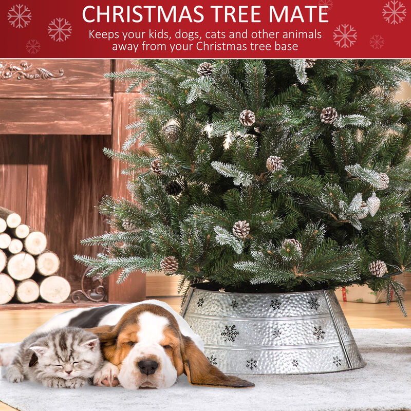 Christmas Tree Collar Steel Tree Ring Skirt w/ Snowflake Print, 26" Base, Silver