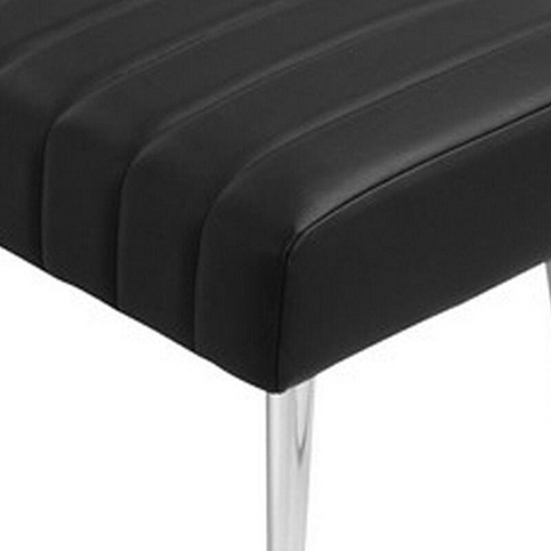 Lida 45 Inch Bench, Modern Tufted Lines, Black Faux Leather, Chrome Metal - Benzara