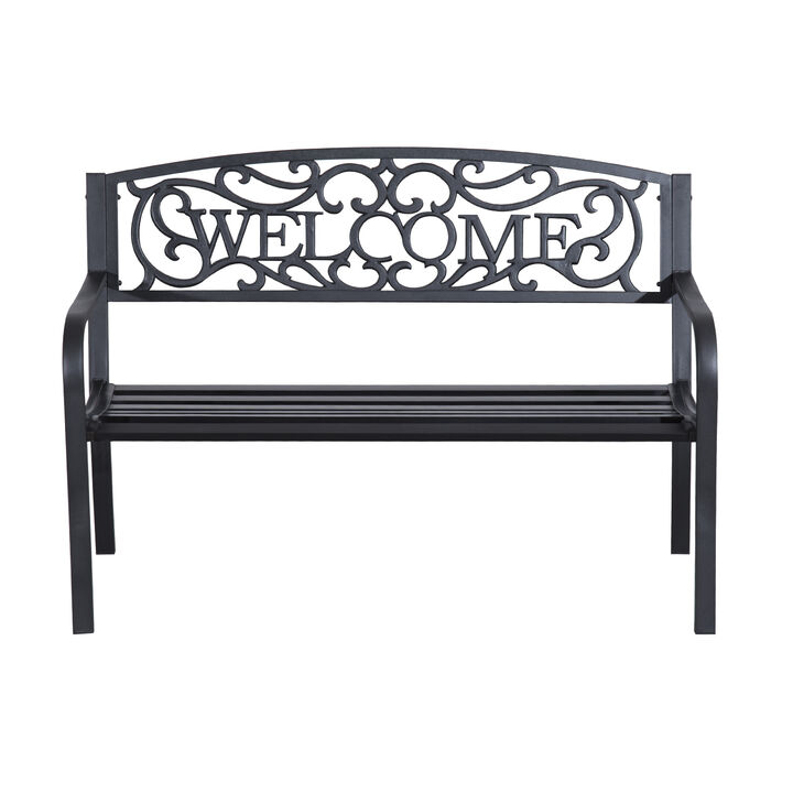 Outsunny 50" Outdoor Metal Welcome Bench, Garden Bench with Slatted Seat, Patio Bench for Park, Porch, Yard, Entryway, Black