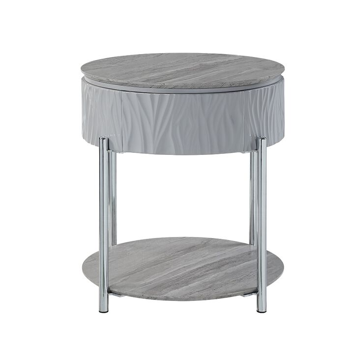Doug Side End Table, 22 Inch Gray High Gloss Wood, Chrome Metal Finish