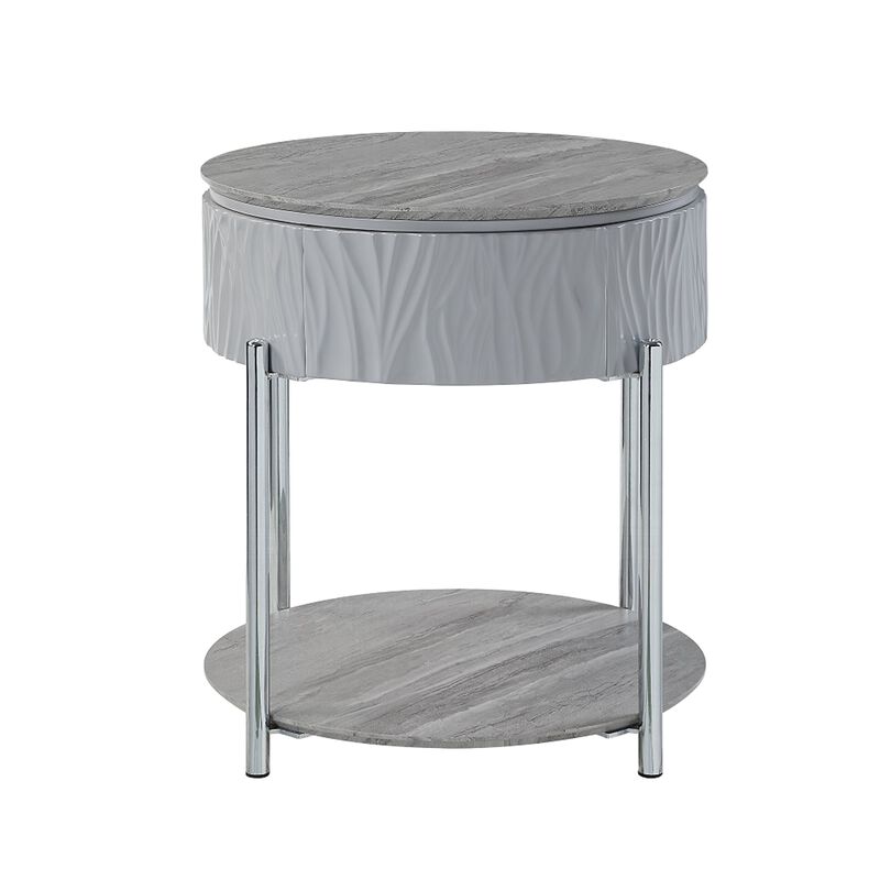 Doug Side End Table, 22 Inch Gray High Gloss Wood, Chrome Metal Finish