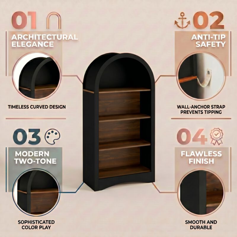 Jigfat Low‑Profile Arched Top 4‑Tier Open Bookcase image number 4