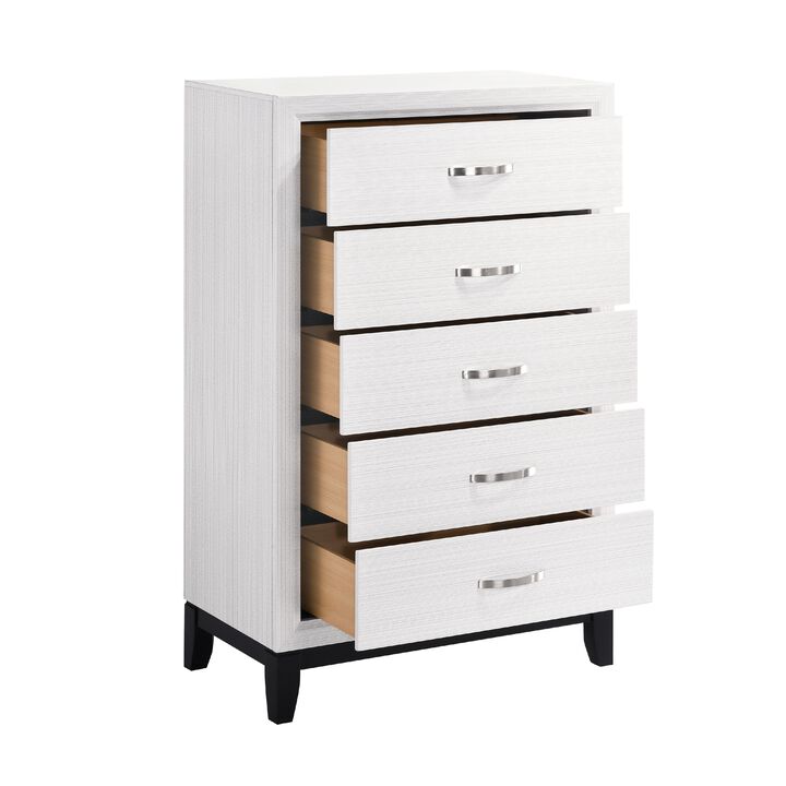 Ameya Tall Dresser Chest, 5 Drawers w Chrome Handles, White and Black - Benzara