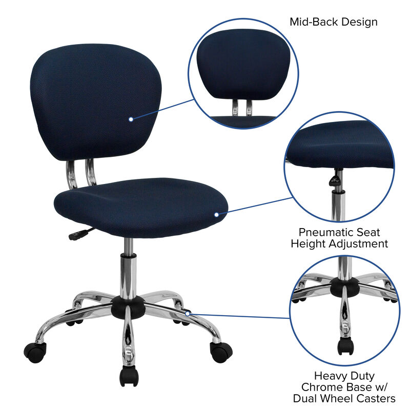 Beverly Mid-Back Navy Mesh Padded Swivel Task Office Chair with Chrome Base image number 5