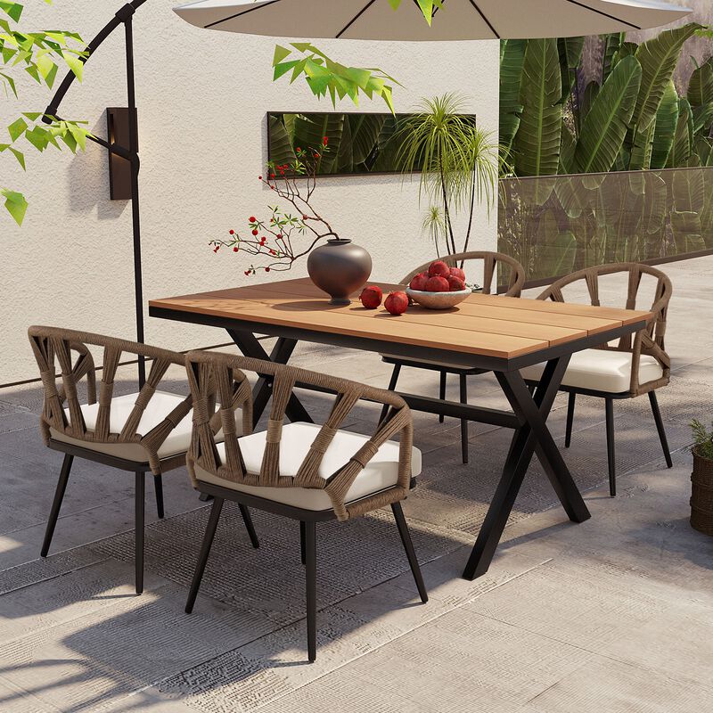 Mondawe Outdoor 5Pcs Modern Rattan Dining Set,Weatherproof Dining Table & Chair Set For Patio Garden