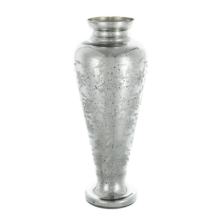 HomeRoots 20" Antiqued Silver Etched Floral Glass Round Table Vase