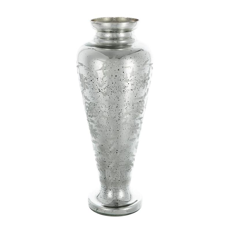 HomeRoots 20" Antiqued Silver Etched Floral Glass Round Table Vase image number 0