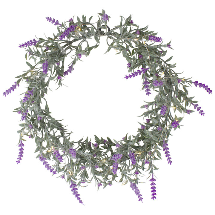 LED Lighted Artificial Pink Lavender Spring Wreath- 16-inch  White Lights