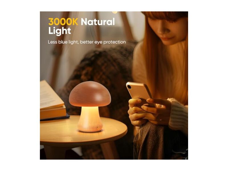 Cordless Rechargeable Battery Operated Table Lamp Wood Mushroom Portable image number 1