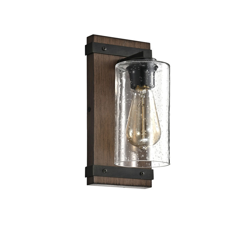 In&eacute;s Antique Black Metal and Natural Wood Base Glass Wall Sconce image number 3