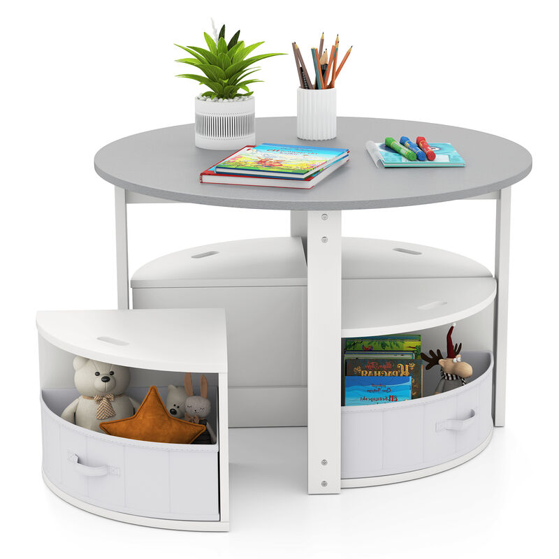 Kids 5-Piece Round Activity Table Set with 4 Nesting Storage Stools &ndash; Grey image number 3