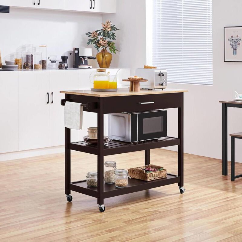 Hivvago Dark Brown Kitchen Island Cart w/ Wood Top 2-Shelves Drawer and Locking Wheels